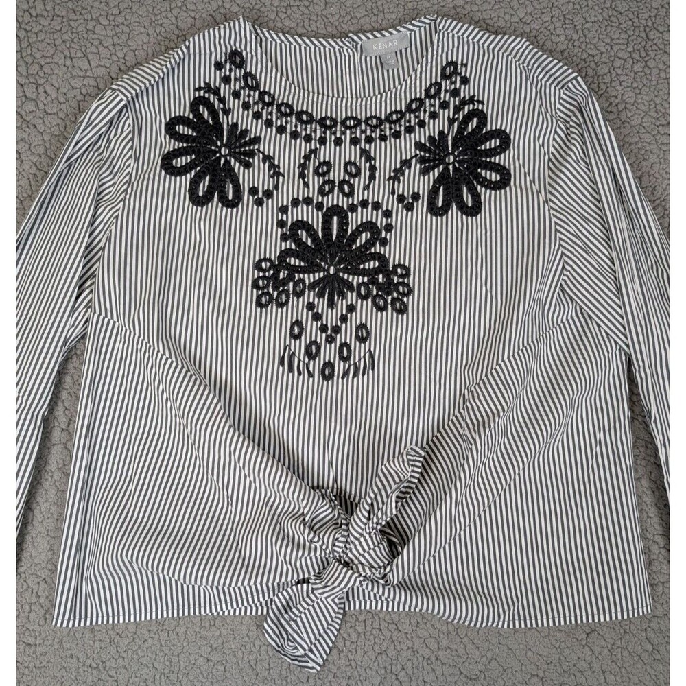 Kenar Blouse White Black Striped Shirt Blouse Small Tie Front Long Sleeve Top